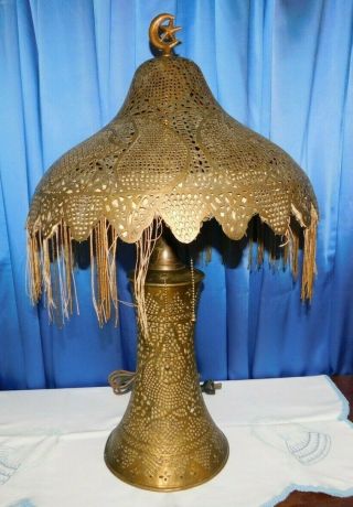 Pierced Brass Moroccan Turkish Moorish Beaded Fringe Table Lamp Electric
