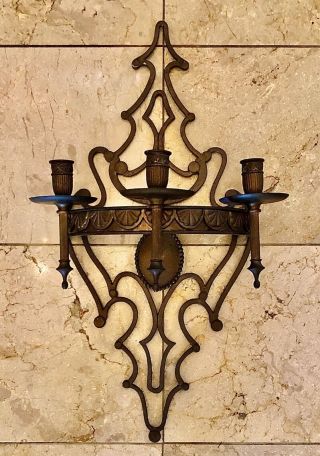 Vintage E.  F.  Chapman Gothic Revival Brass 3 Candle Wall Sconce Large 25” Heavy