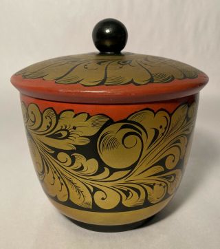 Vintage Khokhloma Wooden Canister With Lid Made In The Ussr