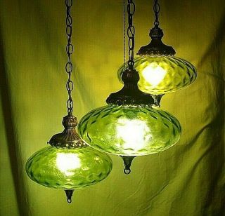 Vintage Mid Century UFO Green Glass Swag Hanging 3 Light Fixture 3