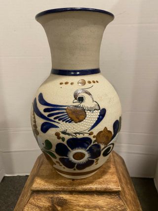Tonala Mexico Sandstone Hand Painted Bird And Floral Vase 8 3/4” Tall Signed