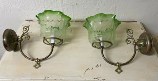 Vintage Victorian Acid Etched Green Glass Shade With Brass Sconce - Set Of 2
