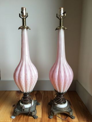 Vintage Murano Pink Gold Bubble Glass Lamps Pair Tall Brass Marble Large Table