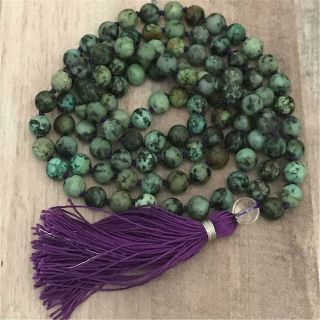 8mm Natural African Turquoise 108 Beads Tassel Knotted Necklace Handmade