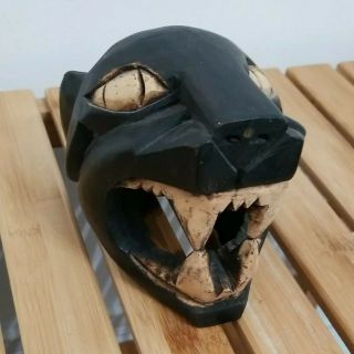 Vintage Black Jaguar Panther Big Cat Wood Hand Carved Head Primitive Folk Art