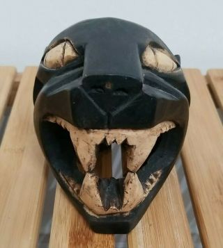 Vintage Black Jaguar Panther Big Cat Wood Hand Carved Head Primitive Folk Art 2