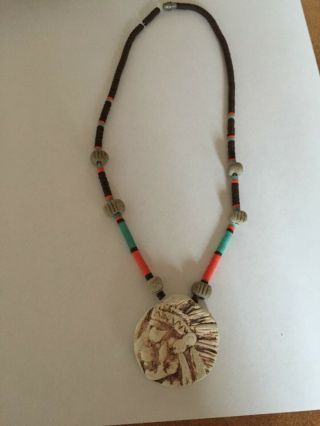 Antique Native American Ceramic Chief With Eagle Feather Headdress Necklace