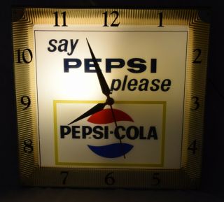 Vintage 1960s Say Pepsi Please Pepsi - Cola Lighted Clock - 3