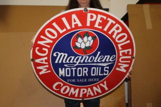 Large Magnolia Magnolene Motor Oil Gas Station 30 " Porcelain Metal Sign