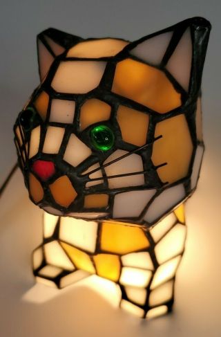 Stained Glass Lamp Tiffany Style Cat Bobbing Head Green Eyes Tans Cream Black