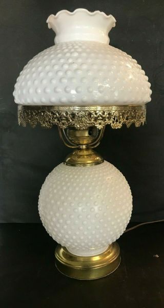 Vintage Hobnail Milk Glass Hurricane Lamp With Chimney Lighted Top & Bottom