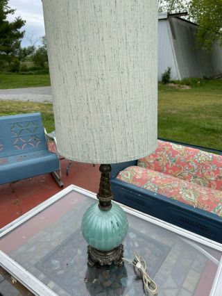 Mid Century Modern Large Vintage Drum Barrel Table Lamp & Shade Tweed Nubby Teal