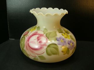 Vintage 7 " Milk Glass Student Oil Lamp Shade W/hand - Painted Flowers,  Ruffled Rim