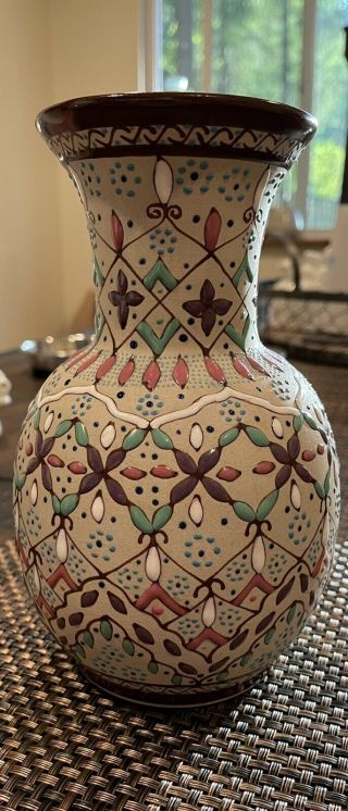 Javier Servin Mexico Art Pottery Vase - Green Pink Purple White Moriage
