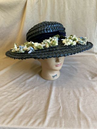 Vintage Ladies Lonette Originals Navy Blue Straw Hat With Flowers Velvet Ribbon