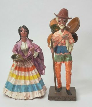Vintage Mexican Folk Art Paper Mache Figures 9 " Tall
