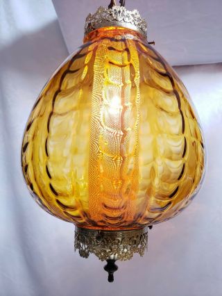 Vintage Mcm Swag Lamp Round Glass Amber Hanging Light 60s Lamp Reversable Globe