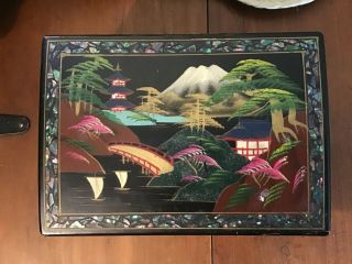 Vintage Japanese Black Lacquered Mop Inlaid Musical Jewelry Box
