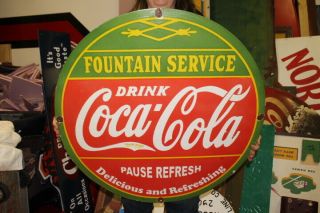 Large Coca Cola Fountain Service Soda Pop Gas Oil 30 " Porcelain Metal Sign