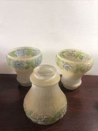 Set Of 3 Vintage Yellow Frosted Glass Lampshades Green & Blue Floral