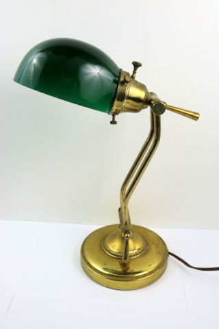 Vintage Brass Piano Bankers Desk Lamp Green Glass Oval Shape Shade