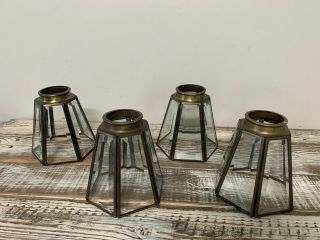 Vintage 6 Sided Beveled Glass/brass Light Lamp Shades Ceiling Fan Light Set Of 4