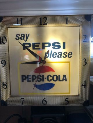 Vintage “say Pepsi Please” Pepsi - Cola Lighted Advertising Clock Sign