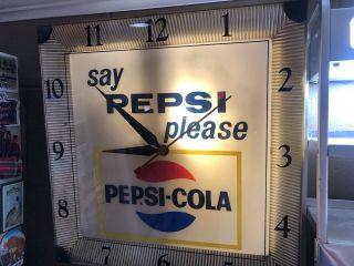 Vintage “say PEPSI please” Pepsi - Cola lighted advertising clock sign 3