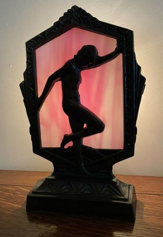 Billings Art Deco Flapper Girl Silhouette Lamp Pink Slag Glass Frankart Style
