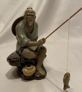 Vintage Shiwan Mudman Chinese Pottery Figurine Statue Seated Man Fishing.