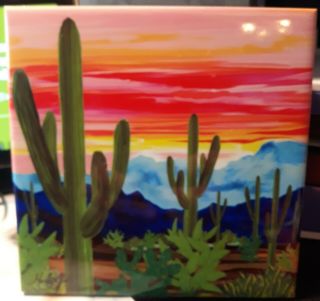 Mexico Design Pottery Tile Trivet Hot Plate Desert Cactus Southwest