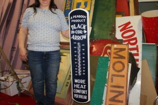 Large Black Arrow Coal Gas Oil Mining Mine 39 " Porcelain Metal Thermometer Sign