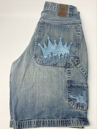 Vtg 90s Jnco Carpenter Jeans Shorts 36 Wide Leg Blue Embroidered Crown Skater