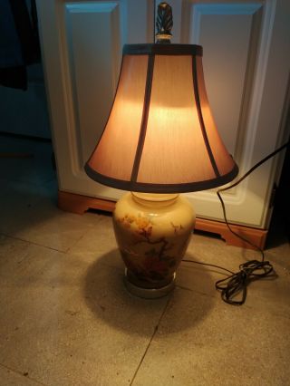 Vintage Ginger Jar Lamp Oriental Flowers And Birds,  Goldtone Base,  Gold Accent