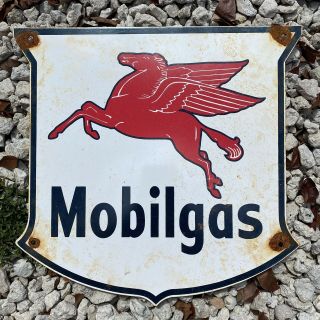 Vintage Mobil Porcelain Metal Sign American Oil Gas Station Shield Pegasus Horse