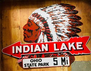 Enamel Plate Indian Lake Ohio State Park 5 Mi Vintage Porcelain Sign