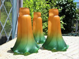 Vintage 3 Fluted Lily Tulip Art Glass Lamp Shades Green Amber 6 1/4”