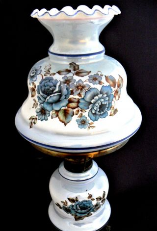 Vintage Blue Milk Glass Floral Hand Painted Table Desk Electric Lamp 16 " Tall