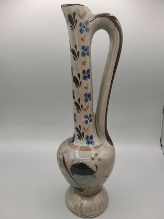 Vintage Tonola Mexican Folk Art Floral Blue Pottery Pitcher/ Bud Vase
