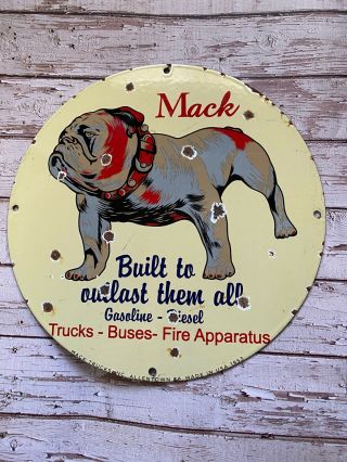 Vintage Mack Trucks Bulldog 12” Porcelain Metal Gasoline & Oil Diesel Pump Sign