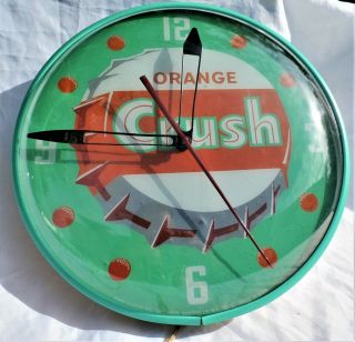 Vintage 15 " Round " Orange Crush " Advertising Lighted Clock With Pam Face
