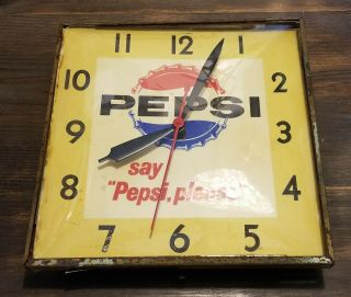 Vintage Retro 1950s Pepsi Cola Square Bubble Wall Clock Lighted Say Pepsi Please 2