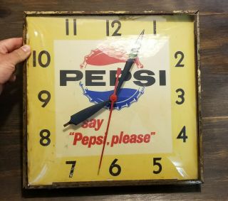 Vintage Retro 1950s Pepsi Cola Square Bubble Wall Clock Lighted Say Pepsi Please 3