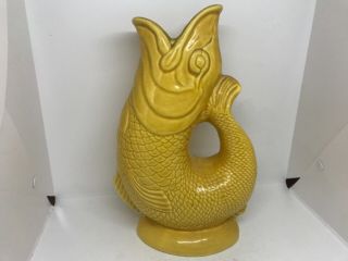 Vintage Dartmouth Devon Studio Pottery V Large Yellow Fish Gurgle Jug Vase