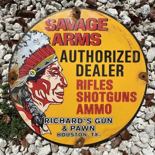 Vintage 1972 Savage Arms Gun Pawn Porcelain Sign Chief Rifle Ammo Firearm Gas