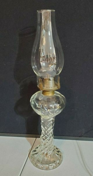 Vtg.  Clear Glass Oil Lamp W/ Chimney Kerosene Lamp 18 " Tall Twisted Design