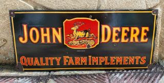 Vintage " John Deere " Quality Farm Implements Porcelain Enamel Sign 24 " X10.  5 "