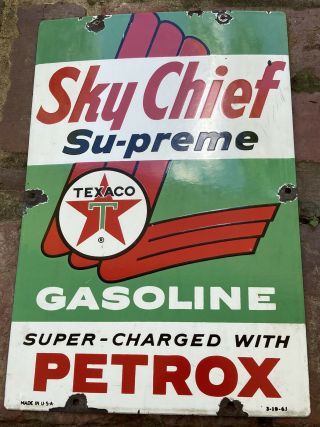 Vintage 1961 Sky Chief Texaco Petrox Gas Pump Porcelain Sign Not Popped