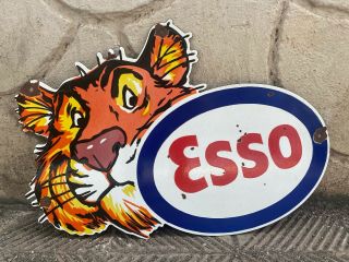 Vintage " Esso " Tiger Head Porcelain Enamel Sign 17 " X24 "