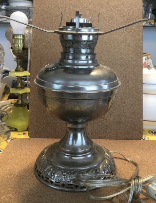 Antique Nickel Plated Oil Lamp Converted To Electric Shade Holder